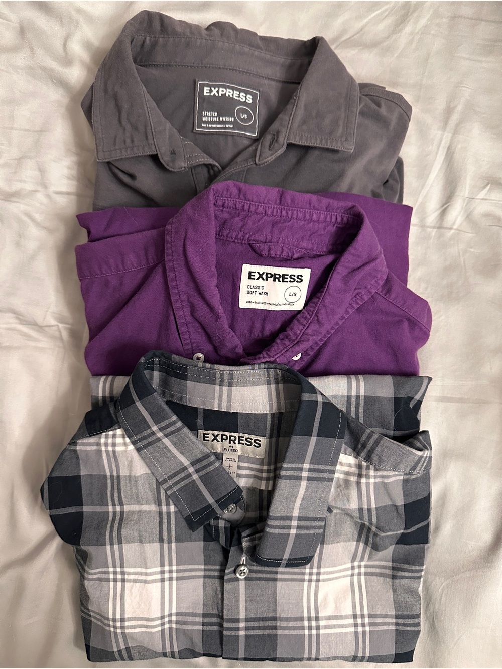 Express Men’s Purple, Gray & Black Plaid Casual Button-Down Shirts - 3 Pack